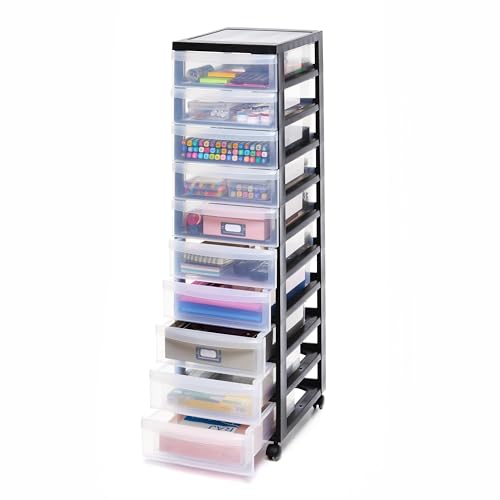 Iris Ohyama, Plastic Drawers Storage Unit, Plastic Storage Drawers, A4 Format & 4 Wheels, H100.5cm/10 Drawers, BPA Free, Black, W40 x D29 x H100.5cm, DC-010