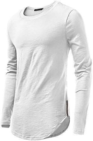 HEMOON Men's Basic Cotton Long Sleeve Elong Hemline T-Shirt Top White XXL