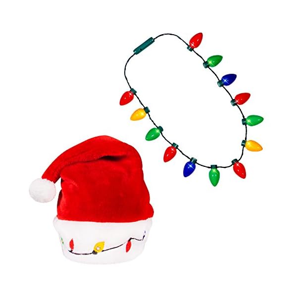 Blinking Light-up Plush Red Santa Hat + LED Christmas Bulb Necklace Kit for Ugly Sweater Xmas Holiday Party
