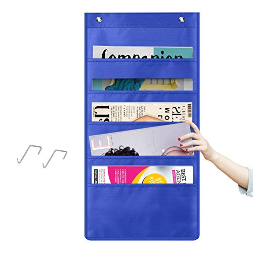 Premium Hanging File Folder Organizer, 5 Pockets, 2 Hangers Cascading Wall Organizer，Perfect for Home Organization, School Pocket Chart, Office Bill Filing. Wall or Over Door Mount (Blue-1Pack) - Thumbnail 7