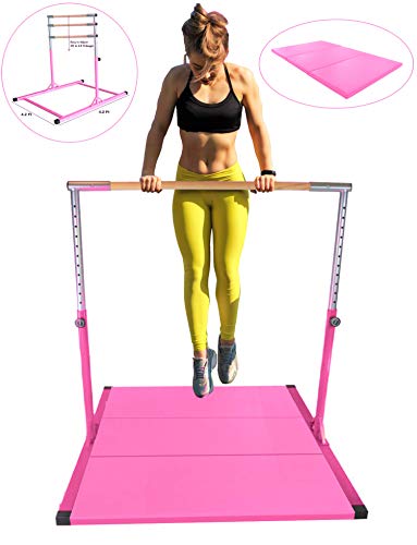 X-Factor 5 Ft Horizontal Bar Athletic Teens Adjustable Gymnastics Children Junior Training Kip Bars Pink with 4Ft x 6Ft Gymnastic Mat Set - Thumbnail 5