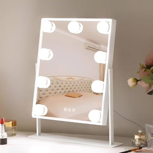 Beauenty Vanity Mirror with Lights, Lighted Makeup Mirror with 9 LED Bulbs and Detachable 10X Magnification,360° Rotation Makeup Mirror, Adjustable Brightness and 3 Color Modes