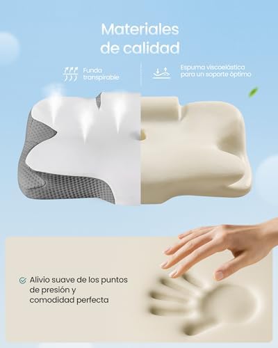 Almohada Ergonómica, Altura Ajustable, Cojín de Espuma Viscoelástica, para Quienes Duermen de Lado, Boca Arriba y Boca Abajo, Tacto Fresco, Blanco Nube y Gris Paloma TBP051G201