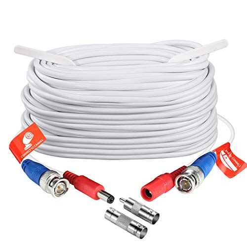 ZOSI 1 Pack 100ft (30 Meters) 2-in-1 Video Power Cable, BNC Extension Surveillance Camera Cables for Video Security Systems (Included 1X BNC Connectors and 1X RCA Adapters)-White Color