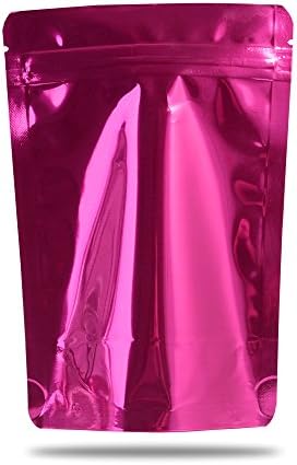 100 Pack - Stand Up Ziplock Bags Aluminum Mylar Foil Multi Size Food Pouches Bags Heat Sealable Tea Bags Mini Size Zipper Pouch Bags (Glossy Pink, 8.5x13cm (3.3x5.1"))
