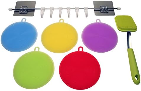 VA 7 Pack Multipurpose Kitchen Silicone Sponge Scrubber with FREE Hook Rail &amp; FREE Handled scrubber for Dishwashing, Cleaning,Fruit &amp; Veg Washer, antibacterial, non-stick Hot Plates,Food Grade