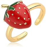 NewZenro Cute Strawberry Adjustable Open Ring for Women 14k Gold Plated Red Fruit Colorful Enamel Lovely Sweet Food Fruit Statement Finger Band Ring Comfort Fit Trendy Jewelry