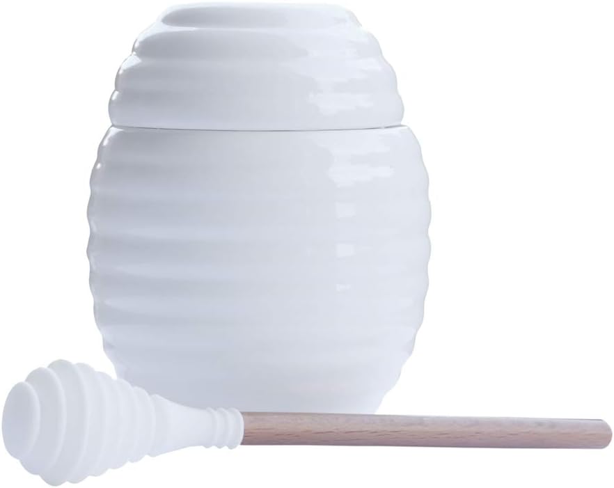 Itikky Honey Pot Jar Porcelain with Dipper Silicone 9.5 fl oz White