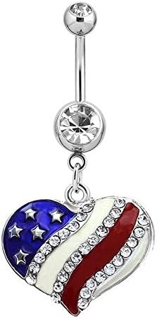 LuckyJewelry Stainless Steel USA Flag Heart Dangle Belly Button Rings Bar Navel Body Jewelry Barbell Piercing Cheap