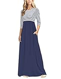 MEROKEETY Women's Striped Scoop Neck 3/4 Sleeve Casual Maxi Dress With Side Pockets,Navy, L
