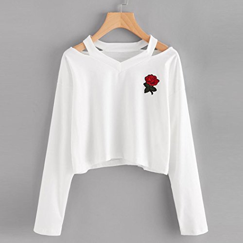 Orangeskycn Womens Sweatshirts Long Sleeve Sweater Rose Printed Causal Tops Blouse (White, M)