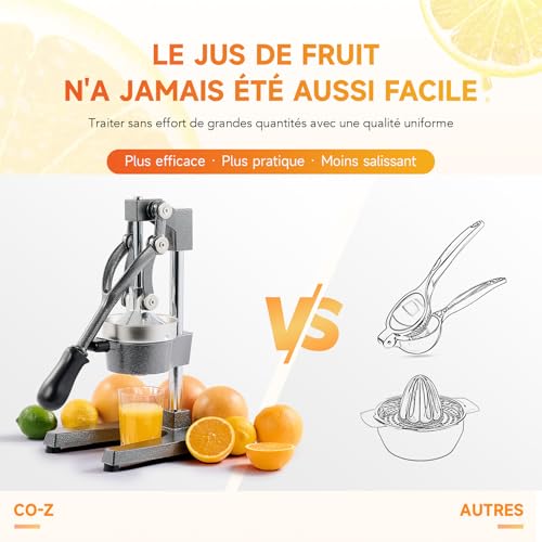 CO-Z Professional Manual Citrus Press Silent Stainless Steel Food Grade Grinder Juice Press Orange Lime Lemon Apples Fruit, Grey
