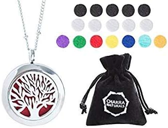Aromatherapy Necklace -Tree of Life Design - Essential Oils Diffuser Jewelry 25mm Diameter Surgical Stainless Steel Locket/ Pendant w/ 24” Chain+17 Aromatherapy Refill Pads - Silver