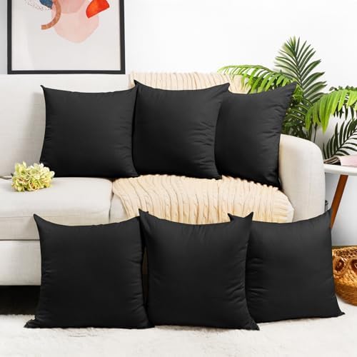 Coddsmz 6 Pack Decorative 100% Cotton Pillow Covers Square Cushion Cover Solid DIY Throw Pillowcase for Home Bed Sofa Halloween Christmas,Black,6 Pack-18" x 18"/45x45cm