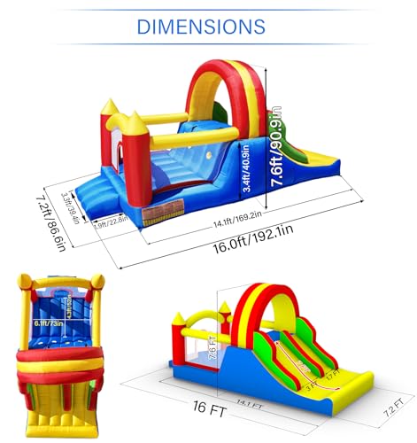HuaKastro 16x7.2FT Bouncy Castle with 2 Racing Slides & Large Climbing Wall, 3 in 1 Kids Inflatable Bounce House, Rainbow Jumping Castle, Kids Backyard Playgrounds - with Air Blower