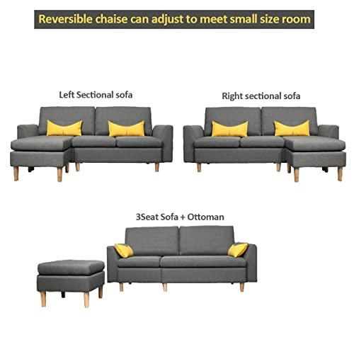 HOMA Fabric Sectional Sofa, L-Shape 3seat Sofa with Ottoman, Small Couch in Linen Fabric with Reversible Chaise, Apartment Couch for Small Space (Grey, 3seat+Ottoman)