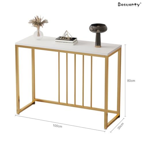 Beauenty Console Table for Entryway, 100cm Entryway Table with Golden Frame, Narrow Long Sofa Side Table,TV Cabinet, Hallway Table for Bedroom, Living Room, Foyer (Gold & White)