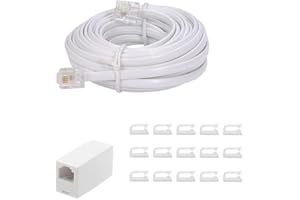 Seefeful 20 Feet Long Telephone Extension Cord Phone Cable Line Wire, with Standard RJ11 Plug and 1 in-Line Couplers and 15 Cable Clip Holders-White (20 Feet)