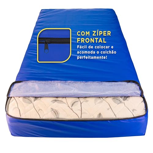 Capa Protetora de Colchão de Casal com Zíper, Impermeável, Azul, Material PVC Hospitalar, Hipoalergênica, Antiácaro, Fácil Limpeza, Protetor Anti Urina Xixi (138x188x30)