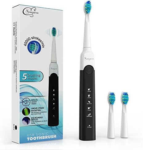 Electric Toothbrush, Syuuguren USB Waterproof Rechargeable Sonic Toothbrush with 3 Replacement Heads 5 Brushing Modes Deep Clean Electronic Power Tooth Brush with Smart Timer 4 Hours Charge