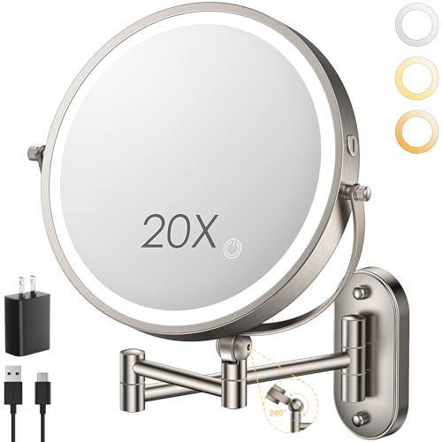 ZLOKLA 9" Wall Mounted Lighted Makeup Mirror,4000mAh Rechargeable Double Sided 1X/20X Magnifying