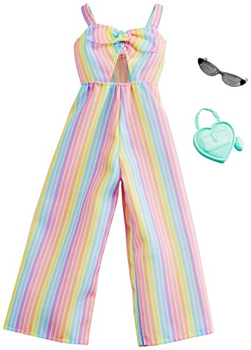 Barbie Clothes: Rainbow-Striped Jumpsuit, Plus 2 Accessories Dolls, Gift for 3 to 7 Year Olds, Multicolor