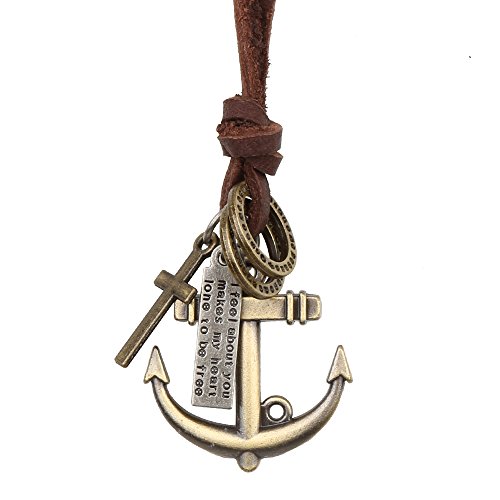 Long Leather Chain Cord Boho Necklace With Vintage Bronze Alloy Anchor Pedant Sweater Charm Necklace