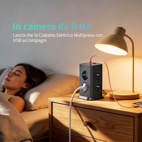 2 M Power Strip with 8 Universal Sockets 10/16A ITA and Schuko and 3 USB A+1 USB C Overvoltage Protection with 1 Switches for Office, Home, 3680 W Electrical Extension Socket, Black | 8 10A/16A AC Prese Multipla, Protezione Sovratensione Prolunga Elettrica,1 Interruttori Torretta Scarpetta Verticale 3680W