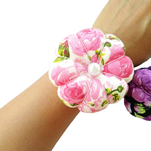 CUSHYSTORE 2X Pink Purple Wrist Flower Floral Garden Pin Needle Cushion Pincushion Wearable Pumpkin Sewing Holder Safety with Adjustable Elastic Band for Girl Women Gift