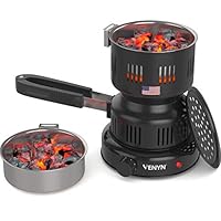 VENYN Multipurpose Charcoal Burner with Starter for Hookah, Shisha, Nargila, BBQ Fire - Porcelain Coating - Smart Heat Control - Includes Pair of Free Tongs