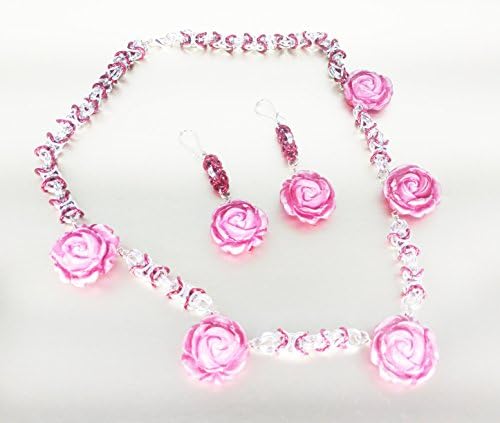 Leenou Handmade Chainmaile Necklace and Earrings with Polymer Clay FLowers and SIlver Tone and REd Aluminium Jump Rings for Wedding Anniversary Gift Birthday