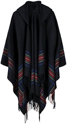 SAMGOO Women's Hooded Poncho Cape Loose Fit Tartan Shawl Wrap Tassel Long Cardigans (Black)