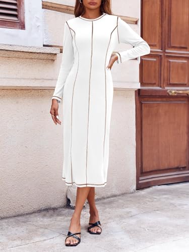 WENRINE WOMENS LONG SLEEVE MAXI DRESS CONTRAST STITCH RIBBED FUZZY CREWNECK SLIM CASUAL FALL DRESSES WHITE