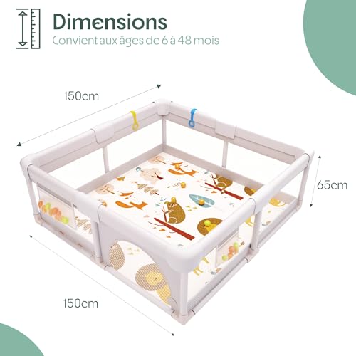 Akeraq Baby Playpen 150 x 150 cm, Padded Playpen with Reversible Mat, Sensory Rattle Plush, Coloured Balls and Support Rings | Sensory rattle plush · exclusive design reversible mat · 4 handles · colorful balls · carry bag | AKERAQ