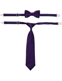 Boys Solid Satin Pre-Tied Long Necktie and Bow #TieSet1 (2T-4T, Purple)