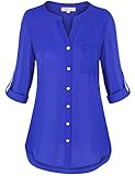 Misswor Womens Band Collar Roll Sleeve Button Down Chiffon Blouse Shirt