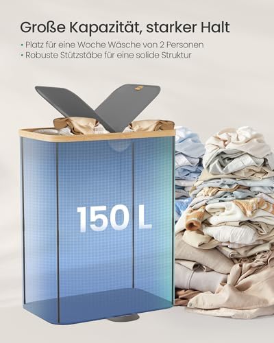 Wäschekorb 2 Fächer, Wäschesammler, 150 Liter, Wäschesortierer mit Deckel, Wäschetonne, Wäschesäcke herausnehmbar, für Waschküche, Schlafzimmer, Wohnzimmer, schiefergrau-naturbeige LCB523G01