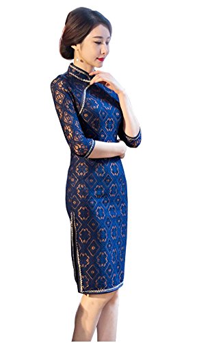 Angcoco Women's Half Sleeve Lace Cheongsam Mini Dress China Qipao