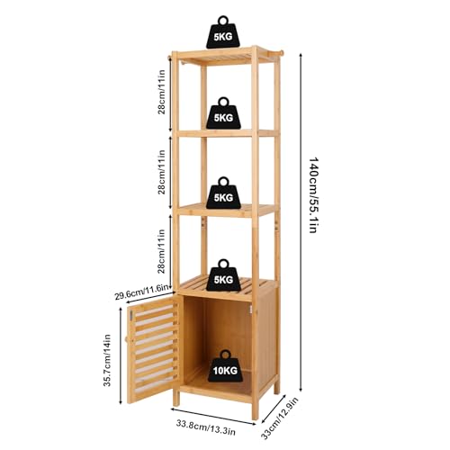 medla Bamboo Bathroom Storage Floor Cabinet: 4 Tiers Multifunctional Floor Shelving Unit Bathroom Floor Cabinet Natural Floor Shelf Free Standing Tower Corner Rack for itchen Living Room Bedroom