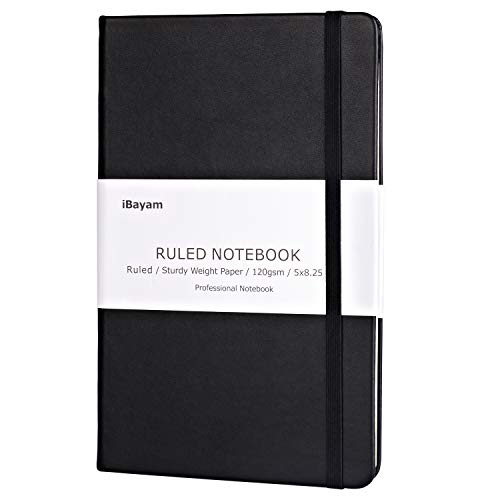 iBayam Classic Ruled Notebook Journal, Hardcover, 120gsm Thick Paper, Size: 5"X8.25", Fine Inner Pocket, Elastic Closure, Bookmark, Perfect for Journaling Writing Note Taking School & Office Supplies