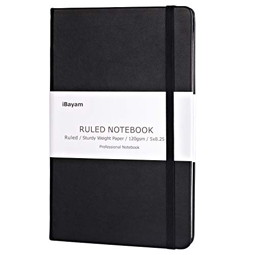 iBayam Classic Ruled Notebook Journal, Hardcover, 120gsm Thick Paper, Size: 5"X8.25", Fine Inner Pocket, Elastic Closure, Bookmark, Perfect for Journaling Writing Note Taking School & Office Supplies