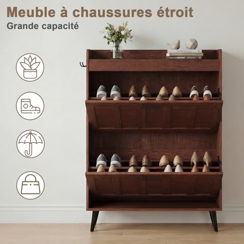 ELUREVIA Meuble à Chaussures à 2 Abattants, Armoire à Chaussures Étroit Style Campagne, Capacité 12 à 16 Paires, Rangement pour Entrée, Salon et Couloir, Noyer