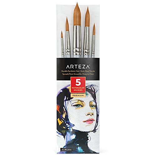 Arteza Watercolor Paint Brushes, Set of 5, Round Synthetic SoftBristle Brushes with AntiRust