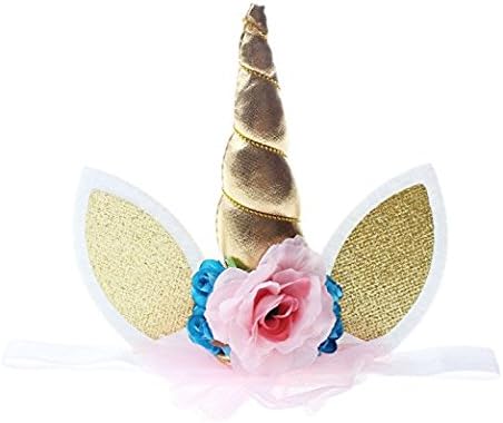 Rock RaRa Baby Unicorn Headband Horn Flowers Ears Headbands Glitter Hair Hoop Kids Party Decoration Headdress Cosplay Costume Headwear Makeup Spiral Crown Handmade Headpiece (Gold)