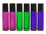 Roll-on Glass Bottles,6 PC 10ml (1/3oz) and 1ml Dropper Included, Empty Aromatherapy Essential Oils, Perfume Bottles, Refillable Bottles Slim with Metal Ball and Black Plastic Lid (Colors Mixed)