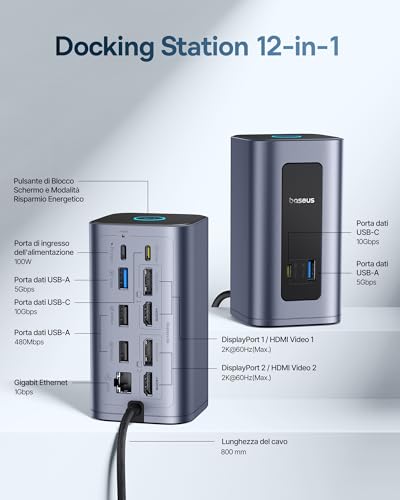 Baseus Nomos Air Mac 12 in 1 Displaylink Docking Station, 2 Monitor Expansion for macOS, with 2K HDMI/DP, 10Gbps USB-C/A, 100W PD, Gigabit Ethernet, Displaylink Driver Required