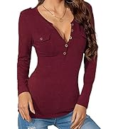 Zilcremo Women's Long Sleeve T Shirt Casual V Neck Button Solid Henley Tops Blouse Tee