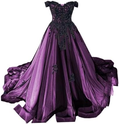purple gothic bridesmaid dresses Gothic Wedding Dress Black And Purple Tulle Bridal Gowns LAKSHMIGOWN