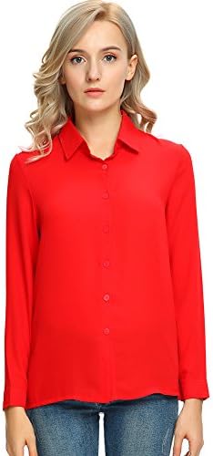 Moda Jihan Women's Long Sleeve Button Down Chiffon Blouse Shirt Top (XXXL, Red)