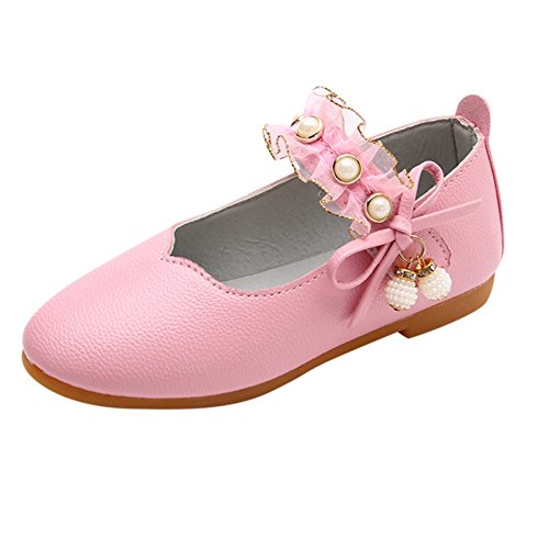 Tantisy ♣↭♣ Girls Princess Shoes // Kids Fashion Elegant Pearl Lace Single Shoes Leather Soft Casual Shoes Dancing Shoes Pink